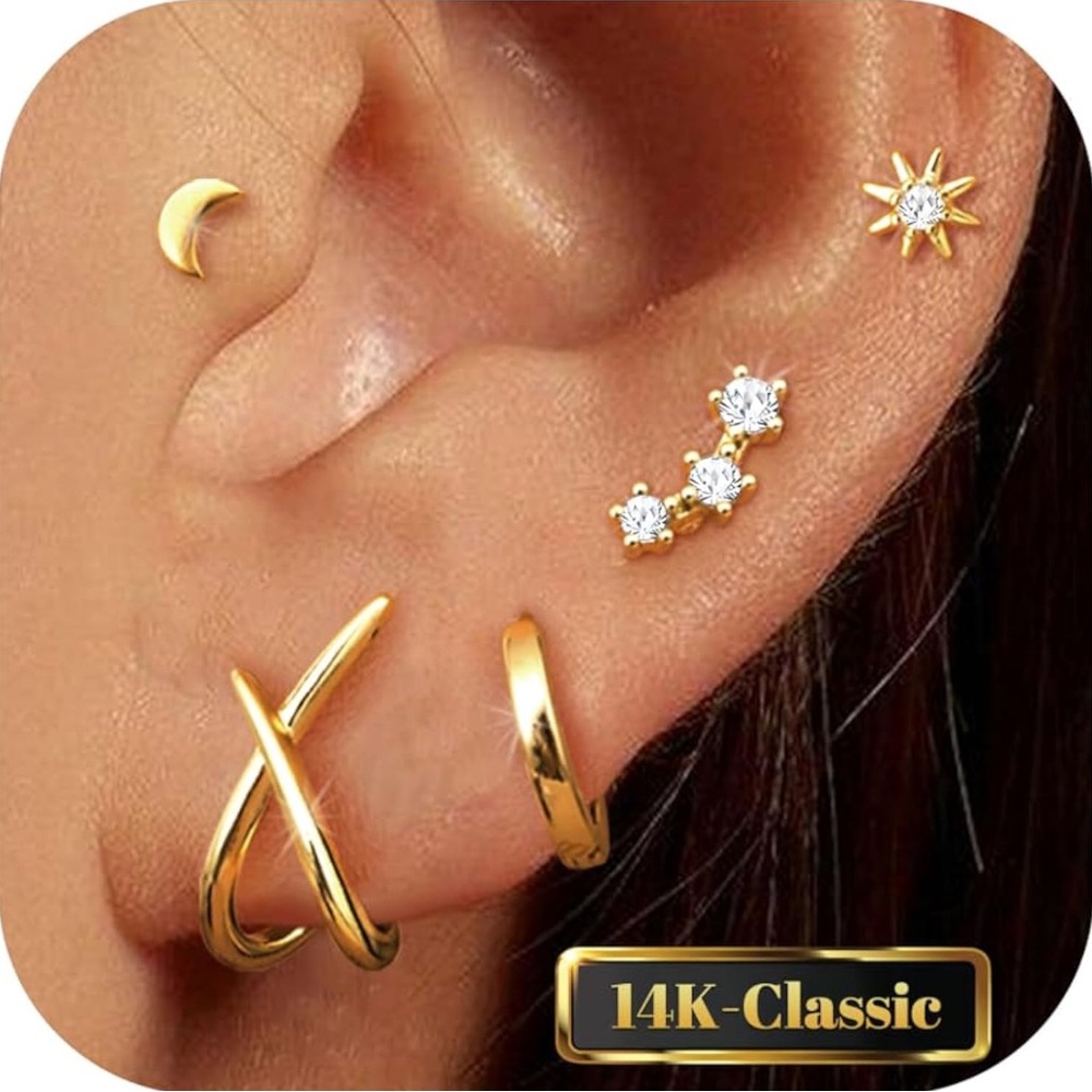 14K Gold Plated Stud Earrings Set Women Hypoallergenic 5 Pairs